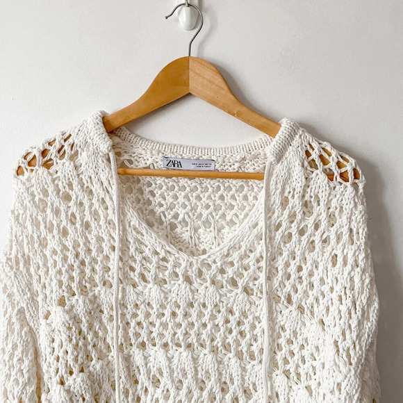 Zara Open Knit Sweater With Fringing Ecru White Size Small - Picture 5 of 8